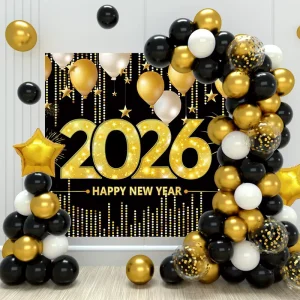 Happy New Year Birthday Party Decoration Banner Balloon Set Black Gold Silk Plastic China Supplies
