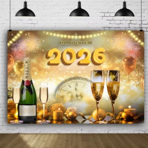 Happy New Year Celebration Background Banner Festive Decoration for New Year’s Eve Room & Garden Decor Photo Booth Props