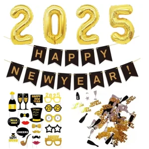Happy New Year & Christmas Eco Friendly Foil Balloon Glitter Photo Booth Props Confetti Party Supplies