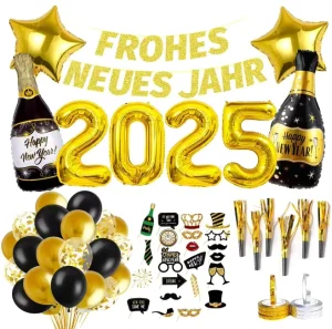 Happy New Year Christmas Germany Banner Garland for Foil Balloons Gold Black Confetti Photo Props Decor Set