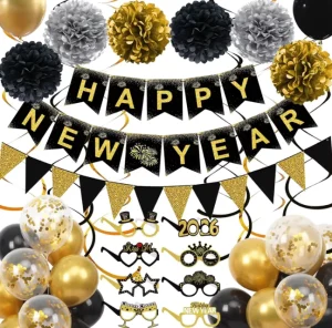 Happy New Year Christmas Party Banners Flags Bunting Foil Swirls Pom Poms Ball Garland Glasses Photo Props Metallic Confetti
