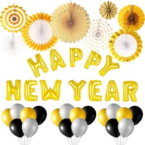 Happy New Year Decoration Kit Includes Gold Tissue Paper Fan and Happy New Year Balloons Set for New Years Eve Party Decor