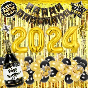Happy New Year Decorations Black and Gold Kit Foil Balloons Banner Fringe Curtains for New Year Supplies
