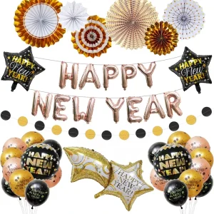 Happy New Year Decorations Happy New Year Banner Chinese Paper Lanterns Tissue Paper Flowers Pom Poms Hanging Paper Fan New Year