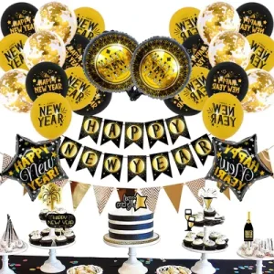 Happy New Year Decorations Set Giant Balloons Gold Backdrop and New Year Festive Party Supplies
