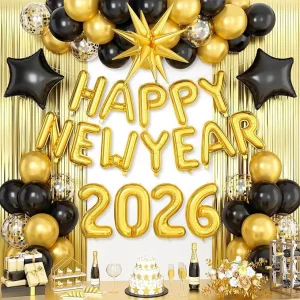 Happy New Year Decorations Set Number Balloons with Foil Star Balloons for Happy New Year Party Eve Decorations