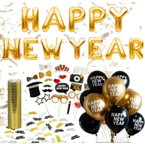 Happy New Year Foil Balloons Metallic Printed Balloons Confetti Bag Paper Photo Props Ribbon for Happy New Year Party Decor