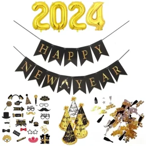 Happy New Year Foil Balloons and Paper Banners Garland Confetti Fringe Hats Photo Props for New Year Party Decor Supplies