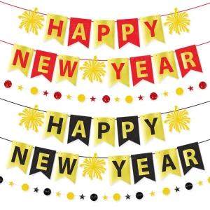 Happy New Year Glitter Fishtail Banner with Fireworks Letter Pattern Ornament New Year Party Supplies Decoration