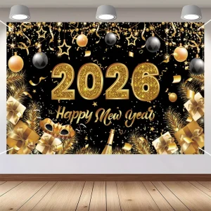 Happy New Year Gold Glitter Backdrop Banner Custom Printed Polyester Party Photography Background Decoration