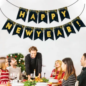 Happy New Year & Halloween & Valentine’s Day Decorations New Year’s Eve Hanging Gold and Black Paper Flag Banners