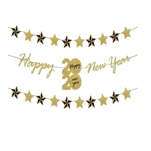 Happy New Year Paper Banner New Year Glitter Star Garland Christmas Decorations for Home