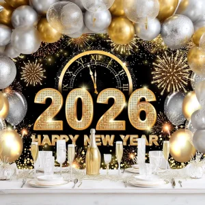 Happy New Year Party Decoration Photo Backdrop Gold Black New Year’s Eve Large Banner for Indoor Outdoor Party Supplies