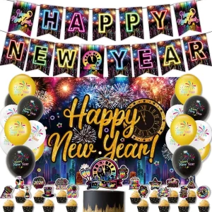 Happy New Year Party Decoration Set New Year Banner Flag Background Cloth Cake Card Balloon