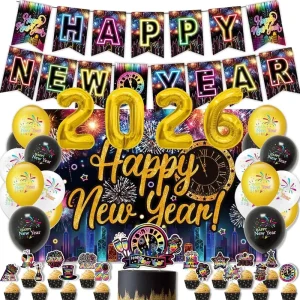 Happy New Year Party Decoration Set New Year Banner Flag Background Cloth Cake Card Balloon