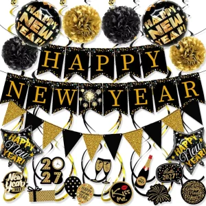 Happy New Year Party Supplies Black Golden New Year Banner Bunting Balloon Spirals Swirls New Year Party Decorations