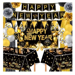 Happy New Year Party Supplies Black Golden New Year Banner Tablecloth Balloon Backdrop New Year Party Decorations