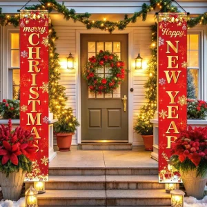 Happy New Year Portable Outdoor Indoor Hanging Christmas Banner Custom Size Polyester Nylon Fabric for Party Decorations