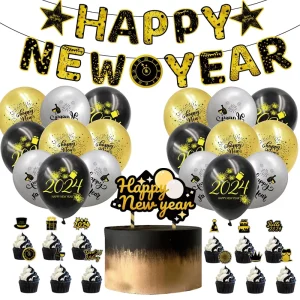 Happy New Year Set Party Decoration Paper Banner Balloon Big Cake Topper Party Supplies Decoration