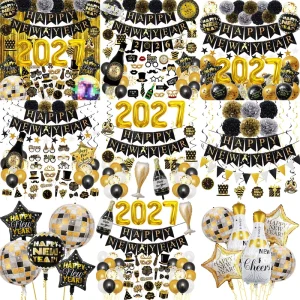 Happy New Year Theme Party Balloons Kit 12 Inch Latex 40 Inch Foil Balloons Banner for Activity Arrangement Festival Celebration