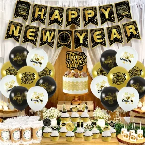 Happy New Year Theme Party Decoration Gold Decoration Supplies Balloons Pull Flag Cake Insert Fringe Special New Year’s Eve