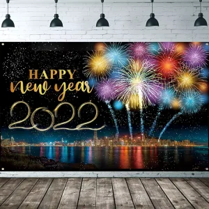 Happy New Years Eve Party Decorations Large Fabric Fireworks Printed Happy New Year Sign Banner Photo Booth Background