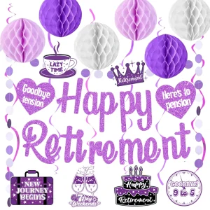 Happy Retirement Decor Women Party Set Happy Banner Honeycomb Ball Hanging Swirl Dot Garland Office