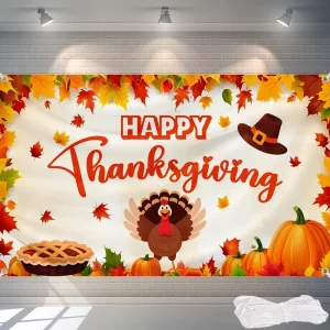 Happy Thanksgiving Backdrop 72×44 Inch with Ribbon Fall Pumpkin Turkey and Maple Leaves with 4 Grommets for Autumn Party