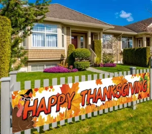 Happy Thanksgiving Banner Backdrop Turkey Pumpkin Flowers Printed Autumn Party Decorative Photo Background Banner