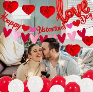 Happy Valentine’s Day Banner Heart Garland Hanging Paper Honeycomb Love Foil Balloons Photo Props for Valentine’s Day Room Decor