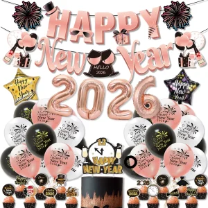 HappyNewYear New Year Theme Party Decoration Set Rose Gold Latex Balloon and Flag Card