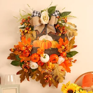 Harvest Festival Decoration Autumn Pumpkin Wooden Flower Wreath for Garden Thanksgiving Decorative Wreath and Swag