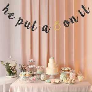 He Put a Ring on It Banner Black Glitter Engagement Party Decoration Sign for Wedding Bachelorette Bridal Shower Party Supplies