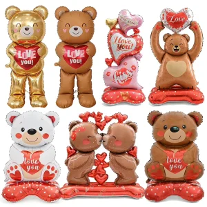 Heart Balloons for Valentine’s Day Standing Teddy Bear Foil Balloons Festive Decorations for Malls & Scene Arrangement