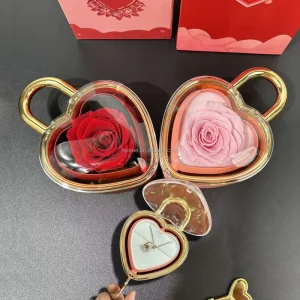 Heart Padlock Rotating Preserved Rose Jewelry Box with Key-Openable Ring Box