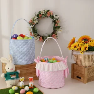 Heart Quilted Fabric Easter Basket Pastel Decorative Bucket with Handle Reusable Gift Basket for Easter Eggs