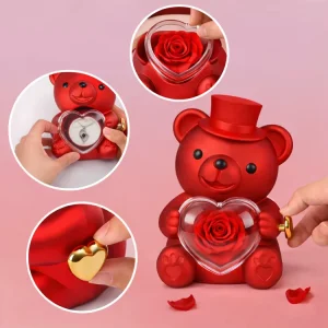 Heart-Shaped Necklace Preserved Rose Rotating Acrylic Hug Bear Jewelry Box for Valentine’s Day