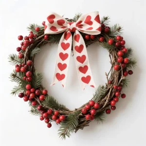 Heart Shaped Wreath With Berry and Bow Artificial Pine Holiday Decoration for Valentine`s Day Front Door Decor