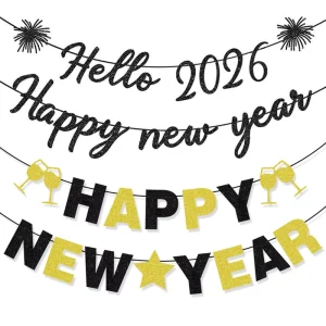 Hello Happy New Year Banner Christmas Party Flag Banners with Champaign Bottle Home Party Background Decor
