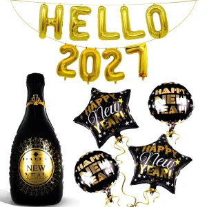 Hello Happy New Year Party Decoration Balloon Kit Gold Black Pink Champagne Star Foil Digital Latex New Year’s Eve Supplies