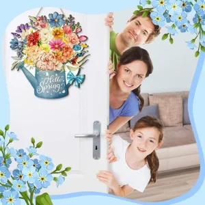 Hello Spring Watering Can Floral Wooden Door Hanger Butterfly Flower Front Door Wall Sign Farmhouse Home Seasonal Decor Ornament