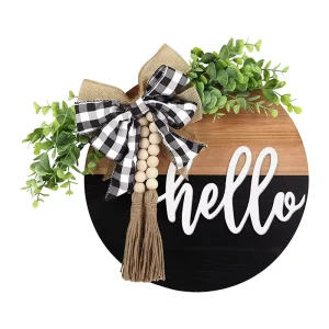 Hello Welcome Hanging Wooden Door Sign with Tassel Rustic Wood Beads for Farmhouse Porch Wall Pediments