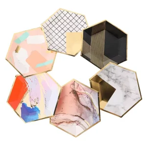 Hexagonal Color Hot Gold Paper Plate Disposable Cutlery Set Party Accessories for Wedding Birthday Parties