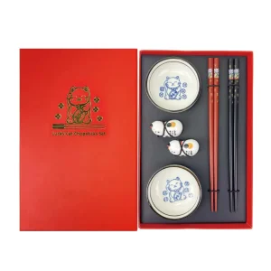 High-End Custom Anti-Skid Wooden Maneki-Neck Chopsticks with Ceramic Holder and Saucer Business Gift for