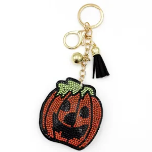 High Quality Creative Halloween Rhinestone Studded Pumpkin Keychain with Tassel Stylish Bag Charm and Gift for Girls