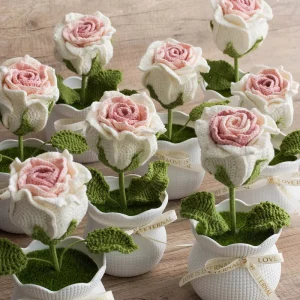 High Quality Hand Knitted Rose Flower Pot Ornament for Office Desk Decoration for Mother’s Day and Easter