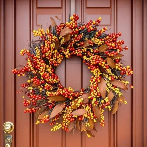 High Quality Handmade Autumn Maple Leaf Berry Sunburst Plastic 45cm Wreath Thanksgiving Harvest Festival Home Decor