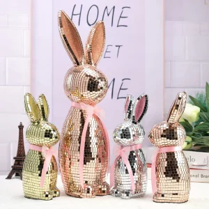 High Quality Handmade Glass Foam Reflective Mirror Ball Disco Rabbit Statue Gold Silver Red Easter Qixi Decoration Decor