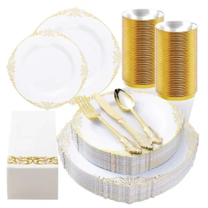 High Quality Vintage Gold Rim Tableware Dinnerware Set Disposable and Plastic for Dining Household Wedding and Party Use