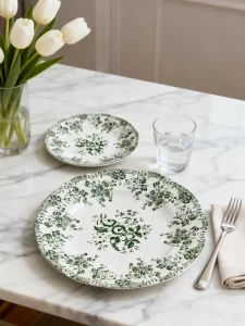 High end Bone China Plate Charger Green Festival Design Ceramic Tableware Sets for Party and Hotel